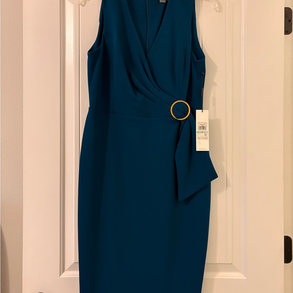 Calvin Klein Teal Wrap-Front Sheath Dress with Gold Ring
